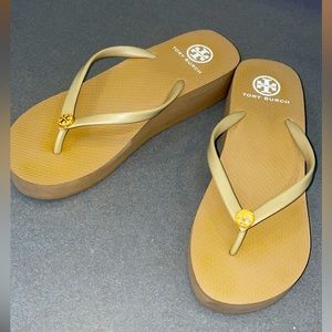 Tan Tory Burch Heeled Flip Flops